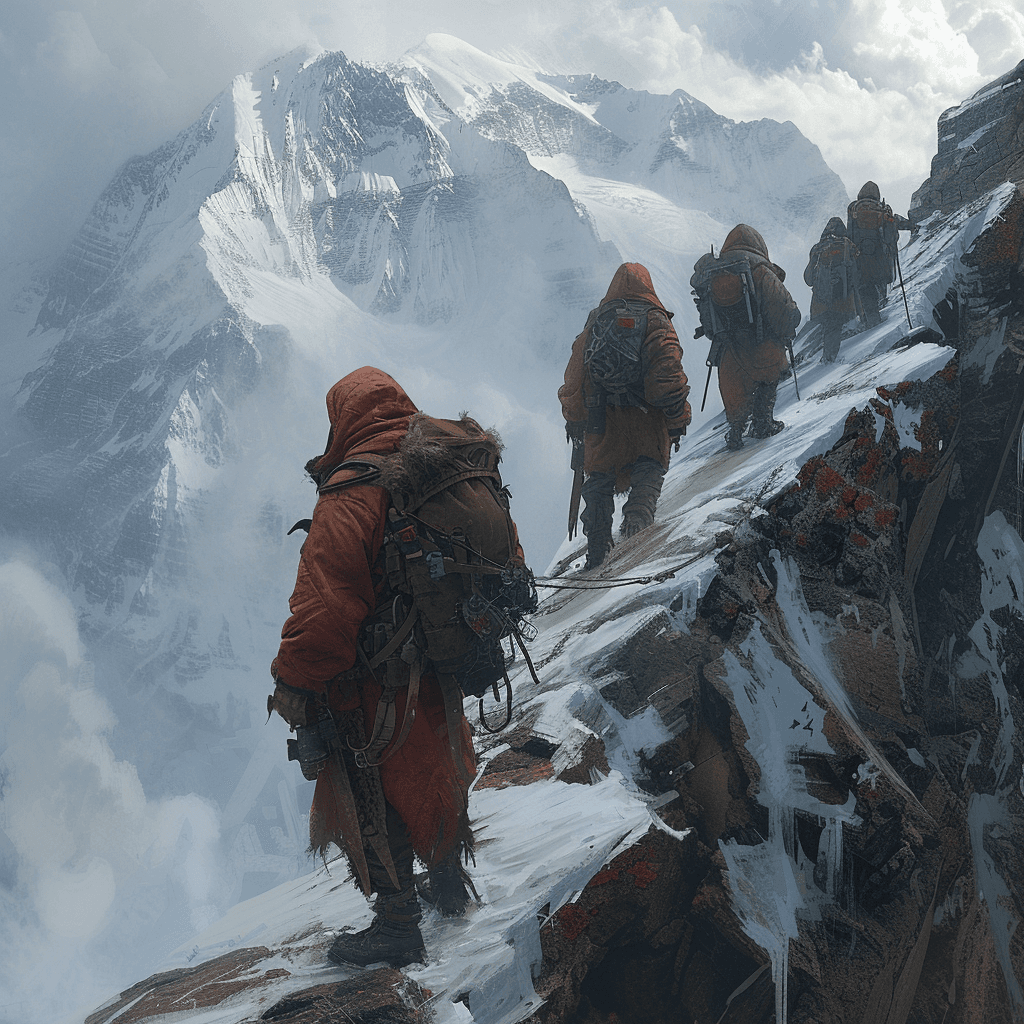 AI generated: Grupo de viajeros con mochilas escalando una montaña , professional ominous concept art, by artgerm ...