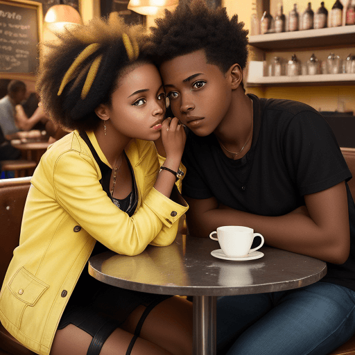 AI generated: low resulution image of a black girl together with a yellow boy within a cafe in paris
