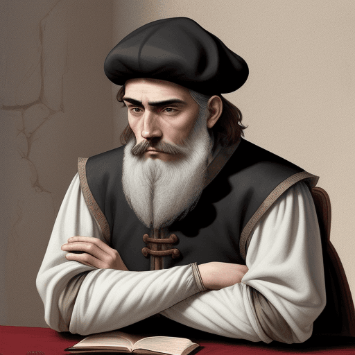 AI generated: Drawing for children's comic of a thin, bearded, 16th century Spanish man with a scholar's cap and r...
