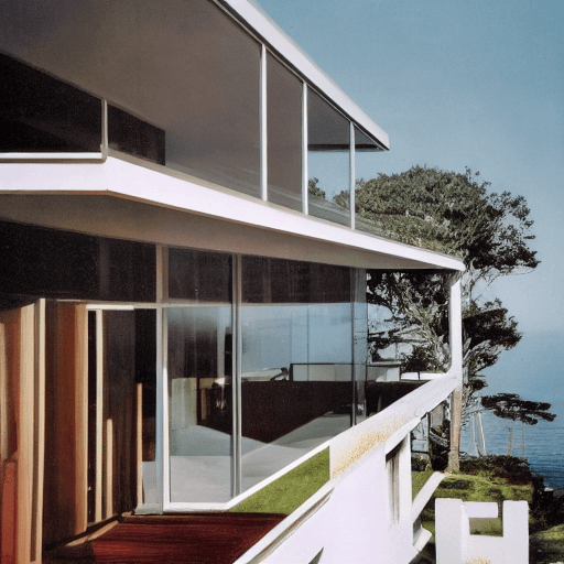 AI generated: Hyper realistic eye level exterior photo of a mid century modern style house overlooking the ocean, ...