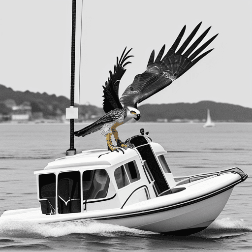 AI generated: a falcon perched on a lifebuoy and behind it a pair of anchors crossed in the shape of an X, comic h...