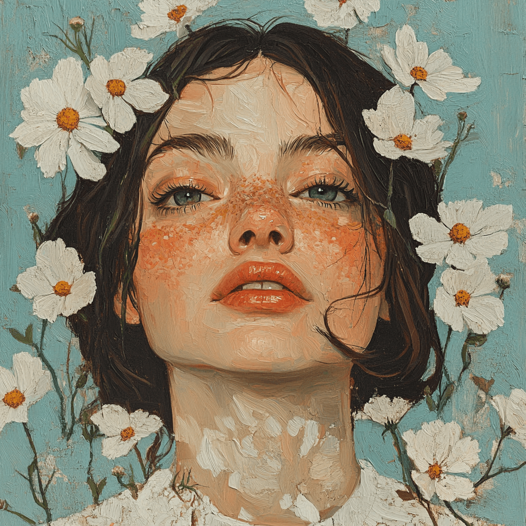 AI generated: Woman with freckles with white flowers surrounding her head, oil painting --v 6.1