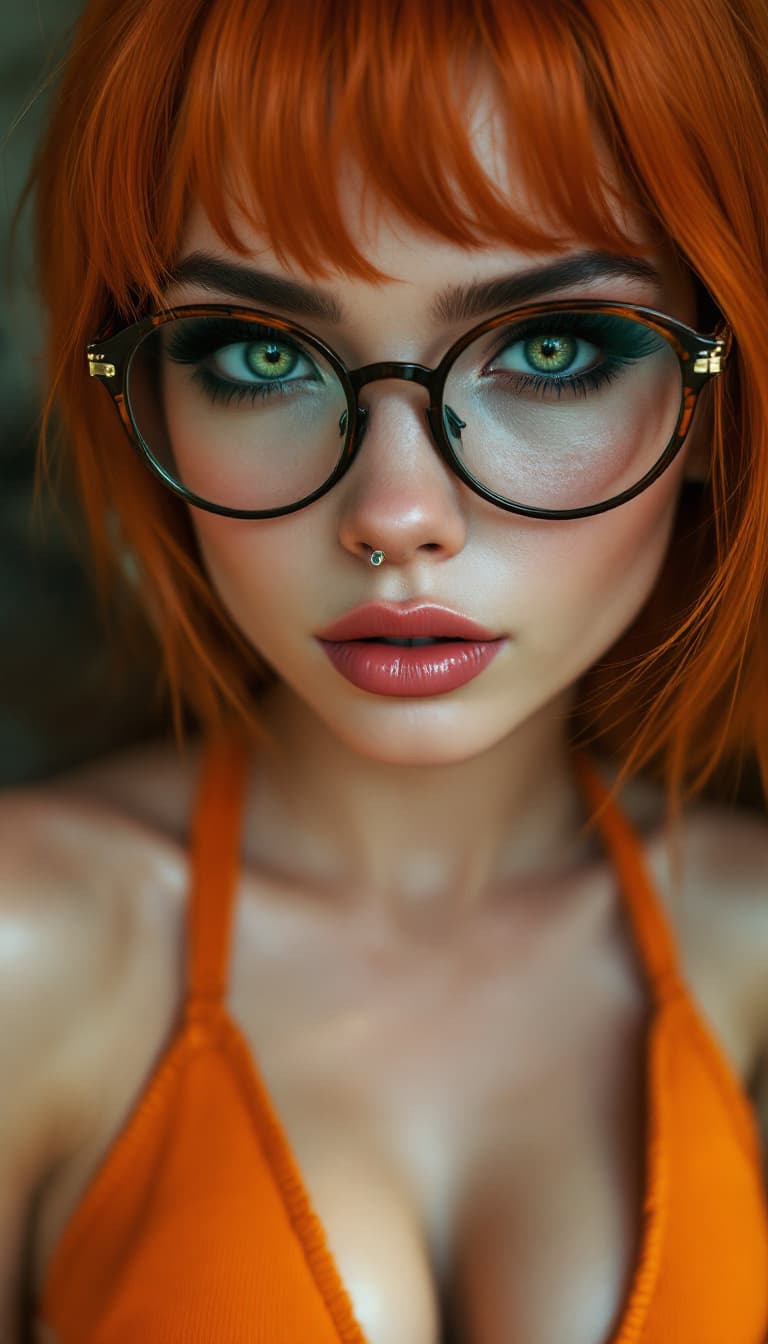 AI generated: Photo of a ultra realistic of velma from scooby-doo, very sultry look, so hot girl, beautiful charis...