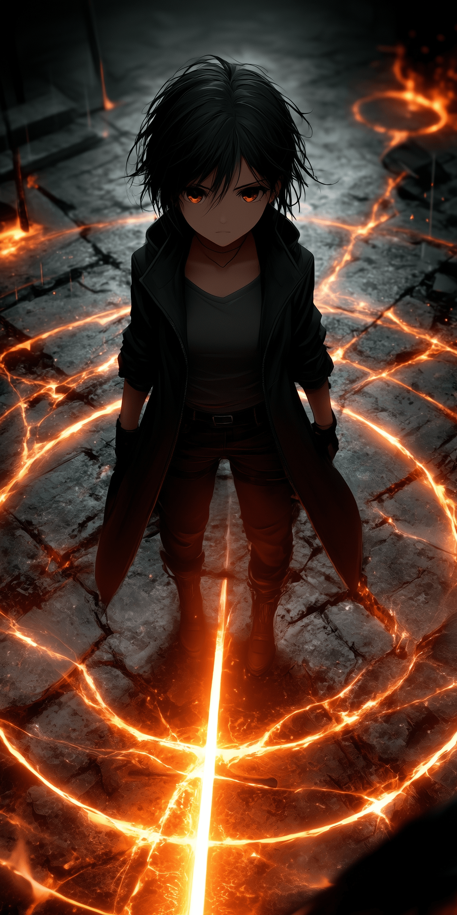AI generated: anime character standing in the center of an energy circle, dark hair and black jacket, glowing eyes...
