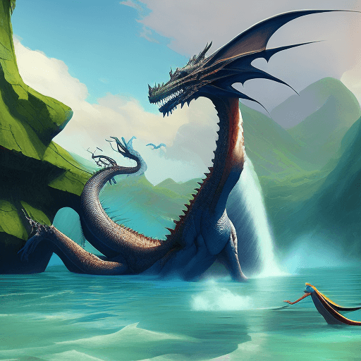 AI generated: a woman is standing in the water next to a dragon, in the style of fantasy scenes, realistic detail,...