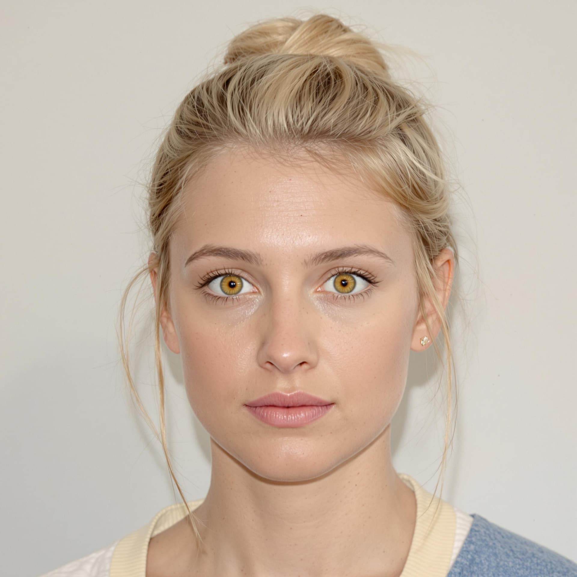 AI generated: A Real photograph of a blond women in her 20s, her hair is short with a small bun. She has yellow ey...