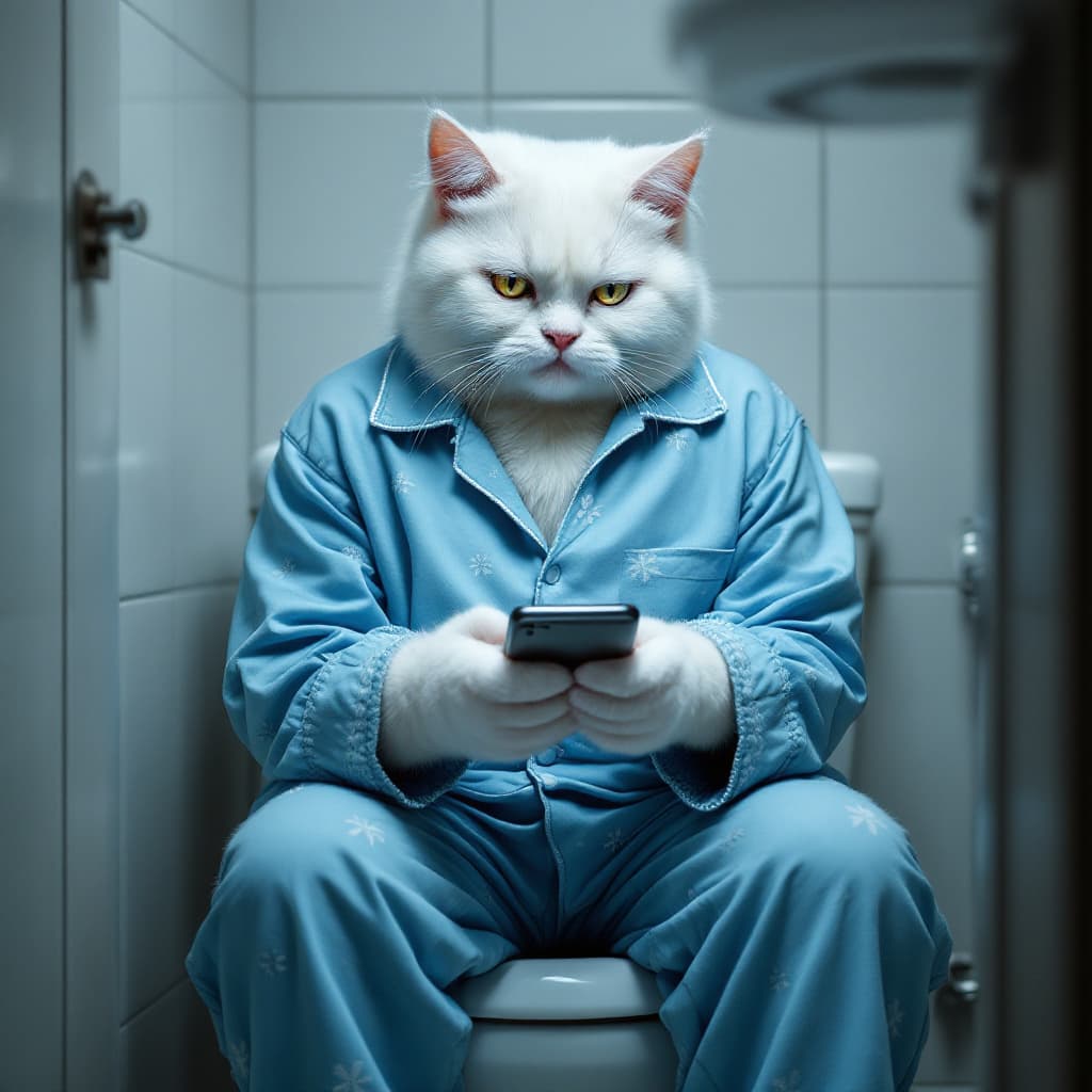 AI generated: strong dramatization, anthropomorphic real white cat wearing light blue pajamas with pattern, sittin...