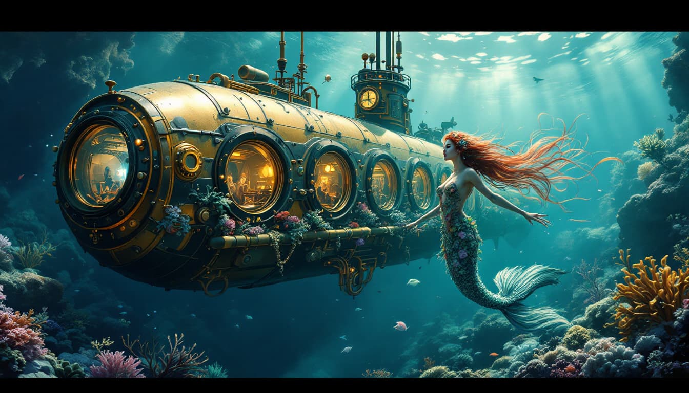 AI generated: Envision a photorealistic portrayal of a 1920s steampunk submarine, echoing Jules Verne's imaginatio...