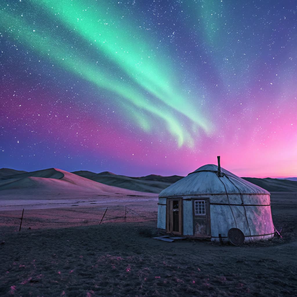 AI generated: Yurt near dombra desert minimalism sky neon