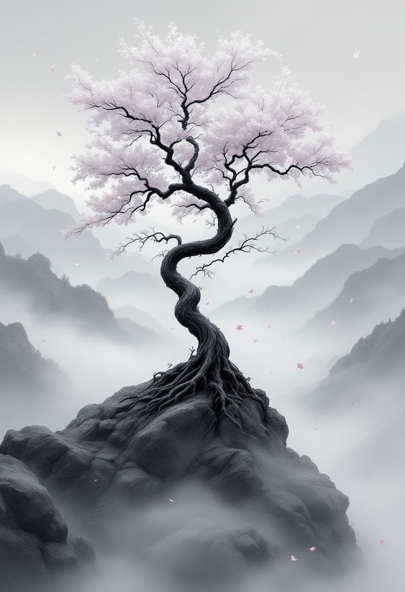 AI generated: A cinematic grayscale ink-style scene of a twisted sakura tree on a rocky hilltop, surrounded by lay...