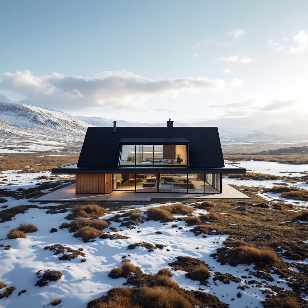 AI generated: modern minimalist residential house in Iceland, dramatic lighting, sunny day, clear sky, aerial view...