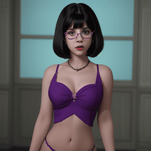 AI generated: velma from scooby-doo, beautiful charismatic girl, showing piercing, 
