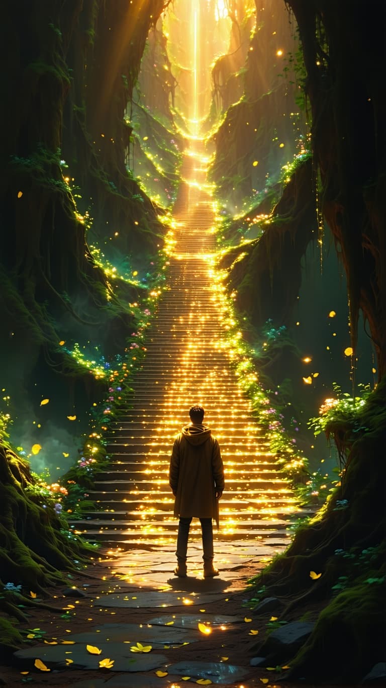 AI generated: "A lone man stands on a dusty road at twilight, gazing at a grand, radiant staircase that emerges fr...