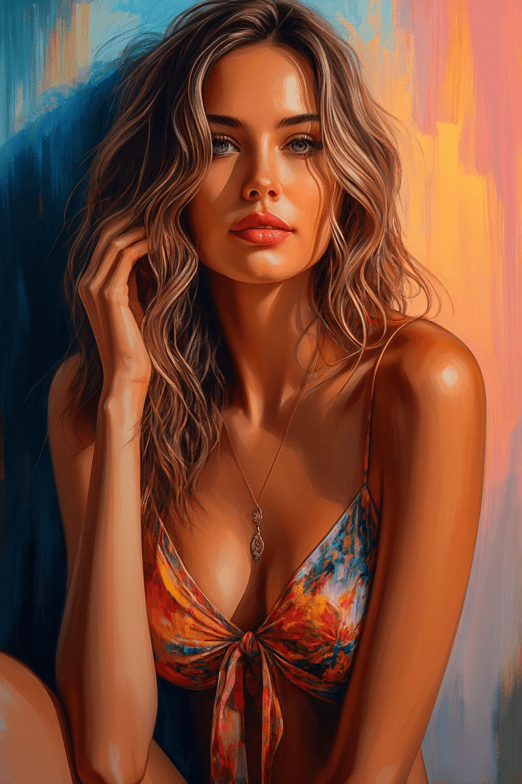 AI generated: A portrait of a young beautiful girl, smiling, Asymmetrical Cut hair style, fall dress, outdoor view...