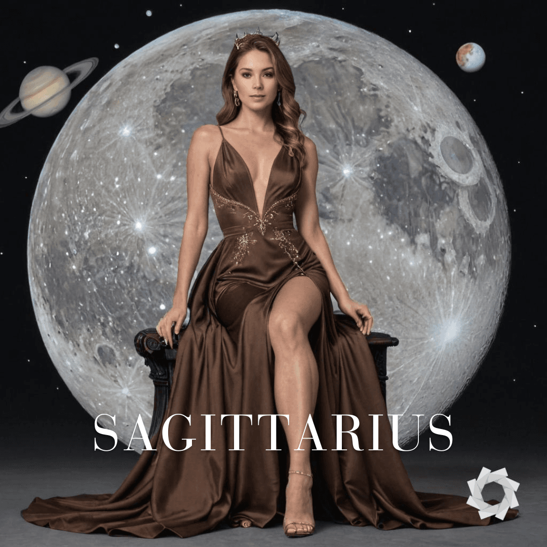 AI generated: full length portrait of a woman in a royal brown gown representing Sagittarius zodiac sign, ultra de...