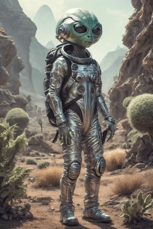 AI generated: small alien traveler with backpack and scifi chrome overall costume, alien landscape with alien bush...