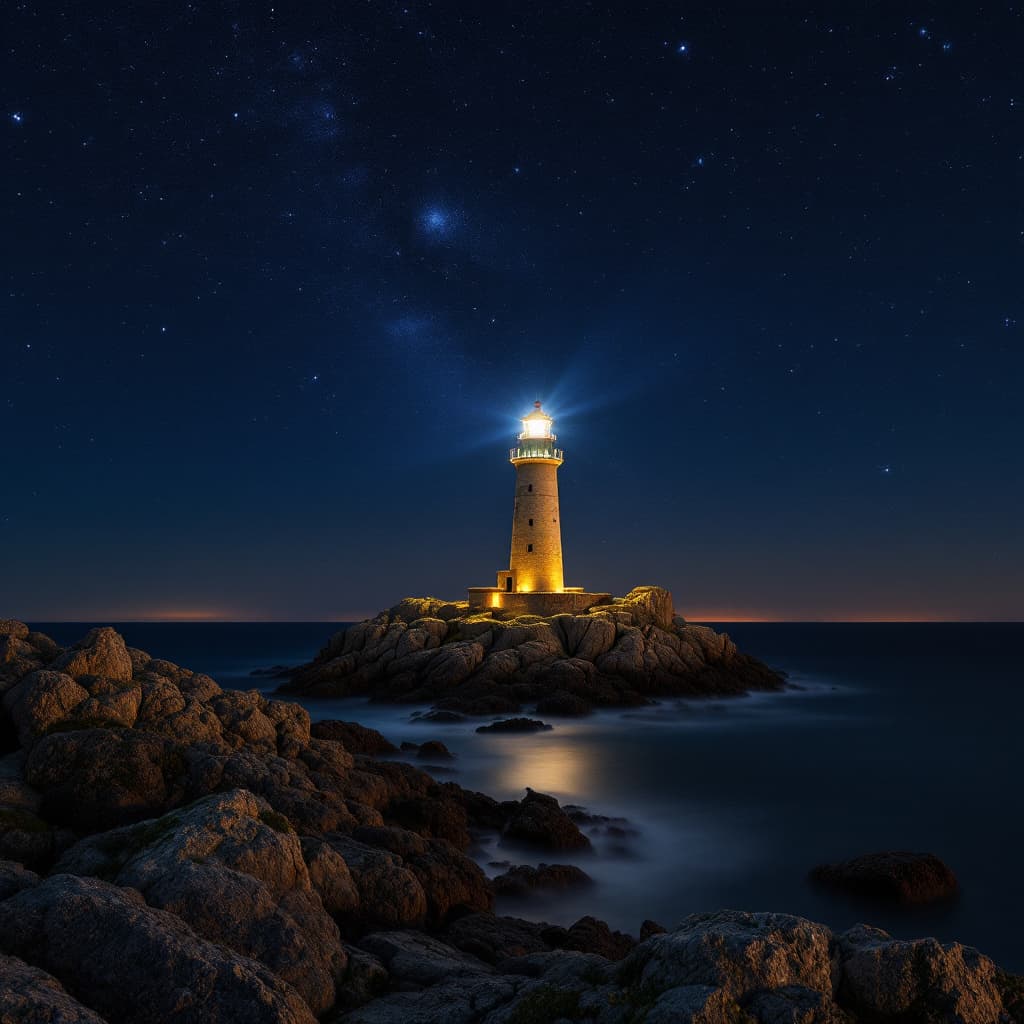 AI generated: Imagen de un faro en la costa norte de Francia, la costa es rocosa como en Normandía. 

El faro es d...