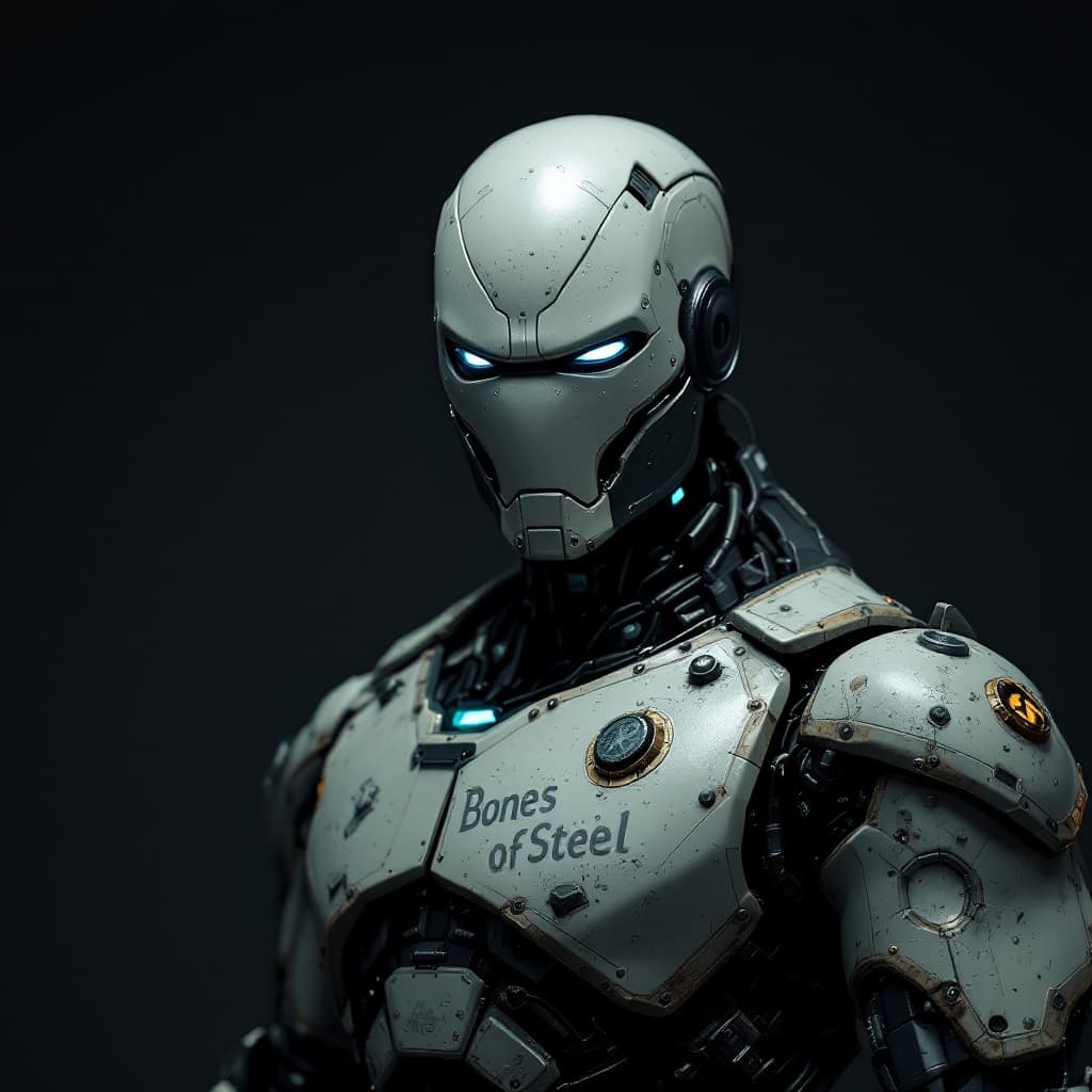 AI generated: dark background,
Human looking robot fighter,real looking, "BonesOfSteel" written on a tag on chest 