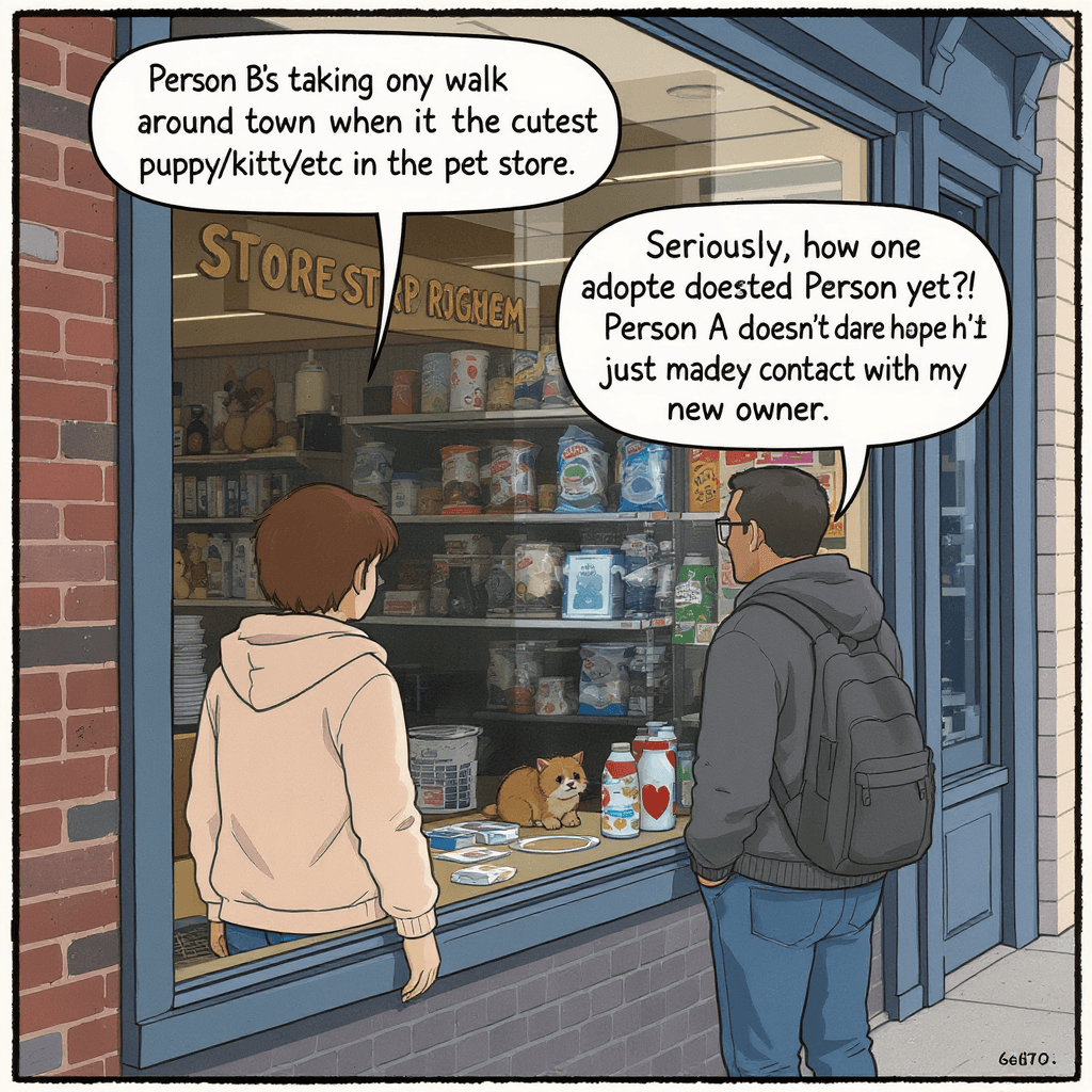 AI generated: Human/animal hybrid AU. Person B's taking a walk around town when they spot the cutest puppy/kitty/e...