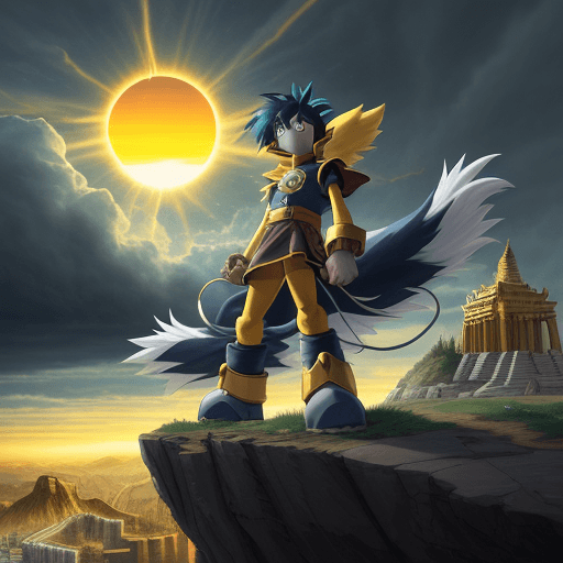 AI generated: Picture of Klonoa stands defiantly on a cliff's edge in Wind Valley, his long ears flowing in the wi...