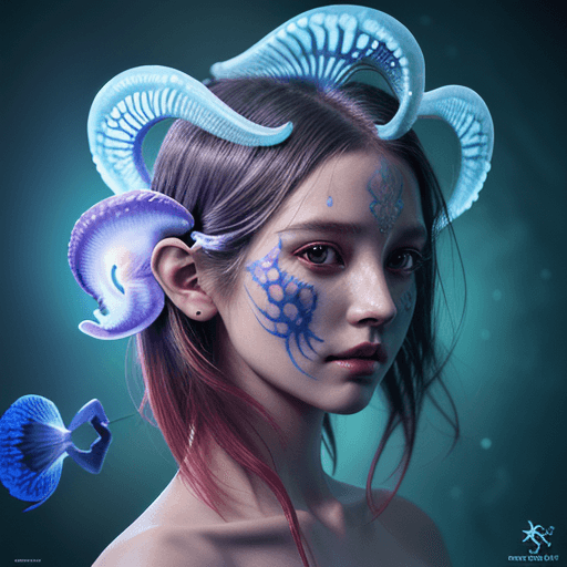 AI generated: Goddess close-up portrait ribcagel. jellyfish phoenix head, nautilus, orchid, skull, betta fish, bio...