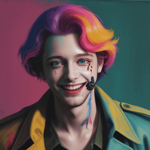 AI generated: Disco Elysium style, Portrait, male, painting, wild, bright colors, deranged smile, old trench coat,...