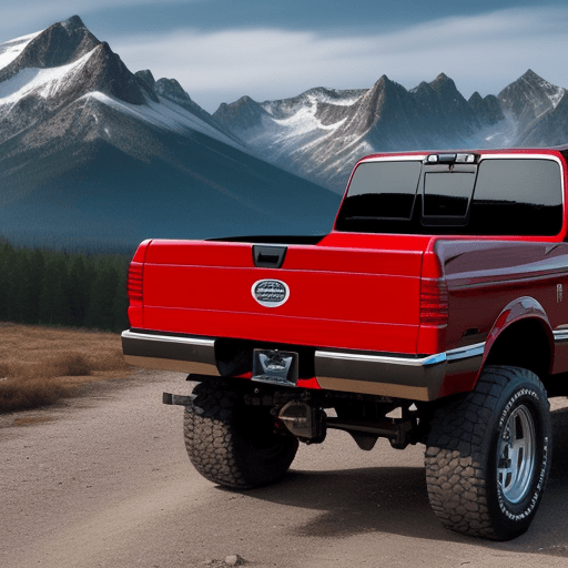 AI generated: a red 1994 f350 surrounded by mountains 