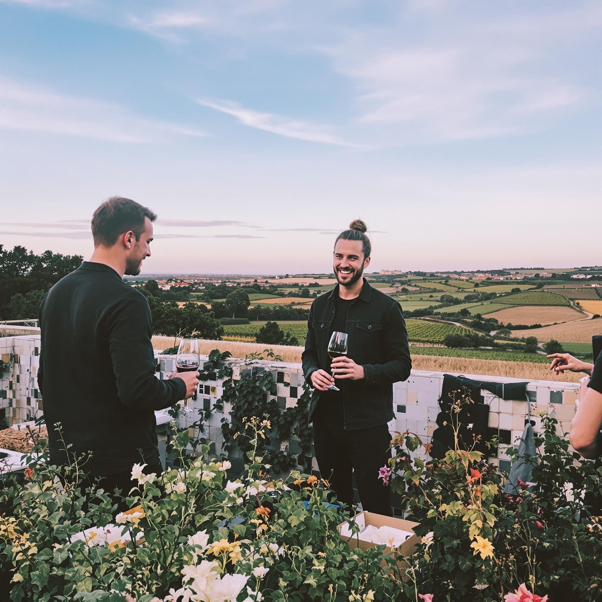 AI generated: fujifilm, wine tasting in portugal, team building, happy group, startup retreat