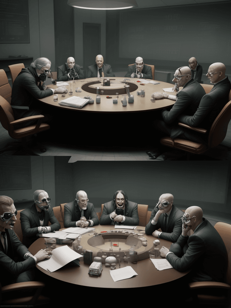 AI generated: evil
hackers, unethical scientists, environment destructors, and corrupt leaders sitting around a ta...