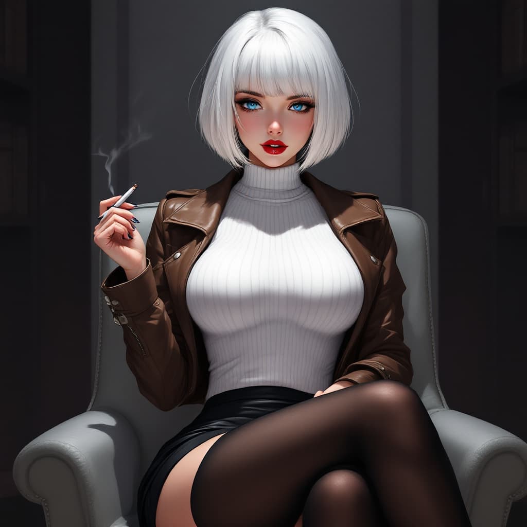 AI generated: anime style, woman, white hair, bob cut, blue eyes, freckles, red lips, closed lips, white sweater, ...