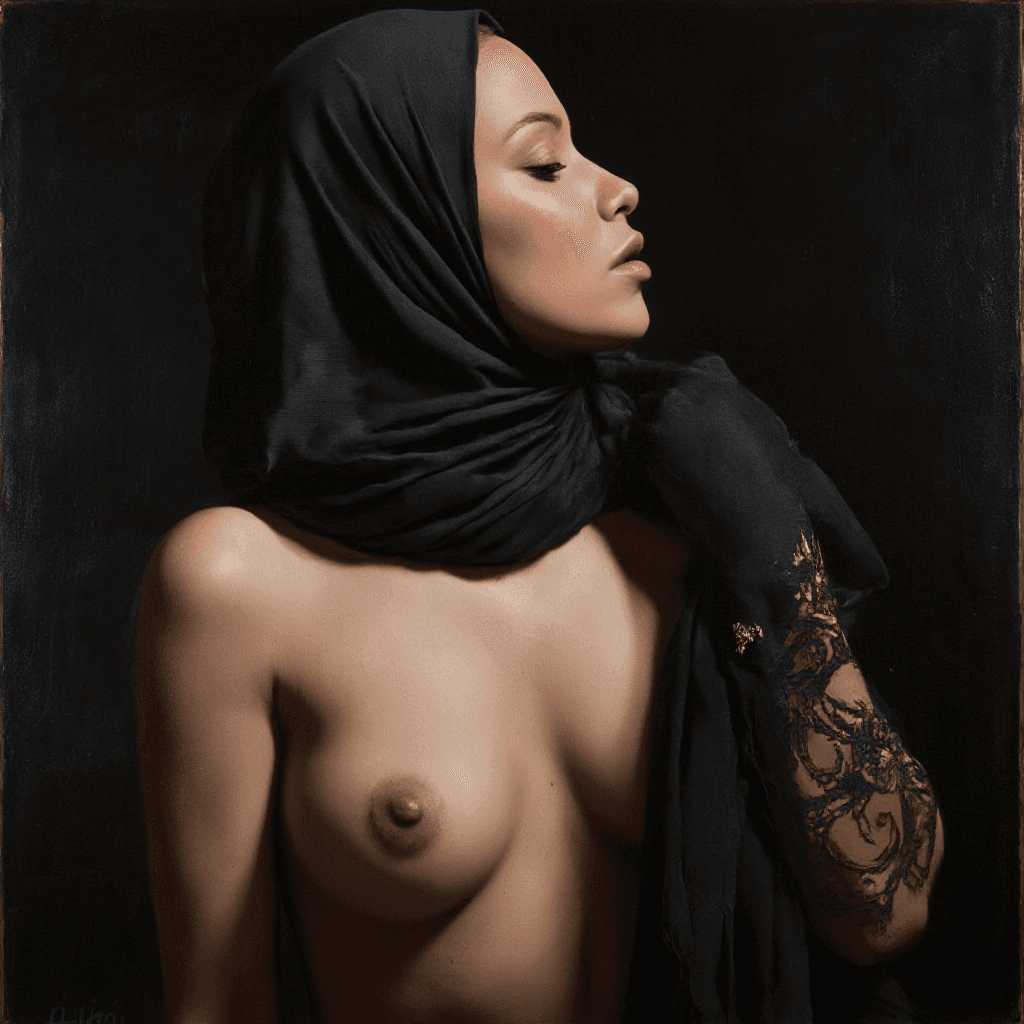 AI generated: a (naked:1.2) hijab muslim  oriental(arab:1.2) woman, (chiaroscuro:1.2) modelshoot style, (extremely...