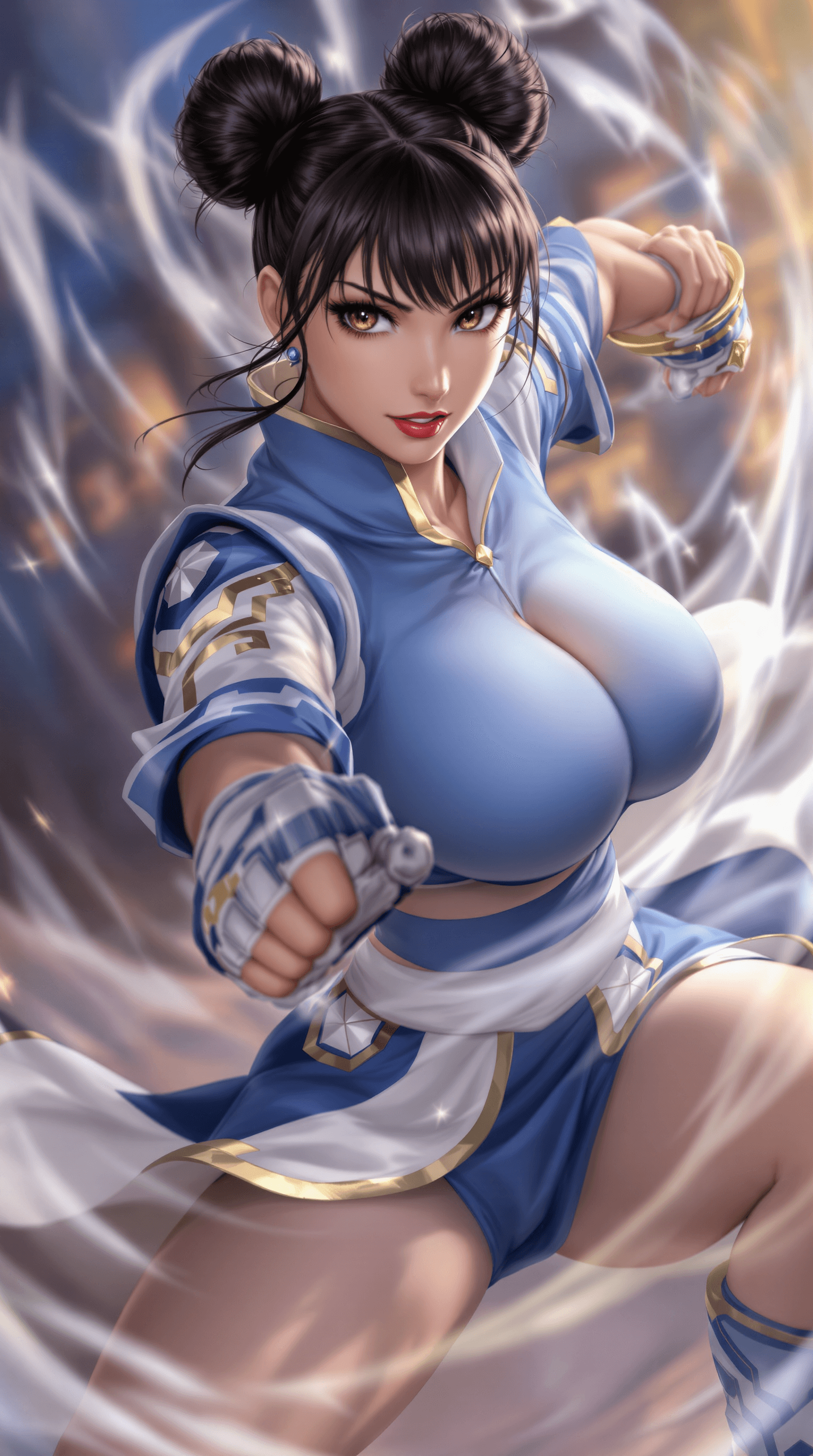 AI generated: Chun-Li, Street Fighter, blue and white outfit with gold trim, action scene fighting pose, hyper-rea...
