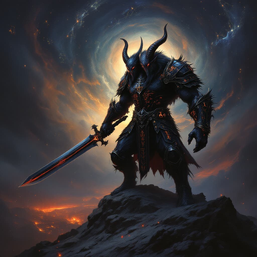 AI generated: A powerful and visually arresting masterpiece oil painting set in a twilight-bathed fantasy realm, f...
