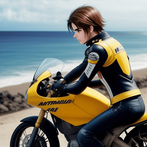 AI generated: Estilo Anime. Moto Amarilla. Joven reposado sobre la moto amarilla mirando al mar con cara de triste...