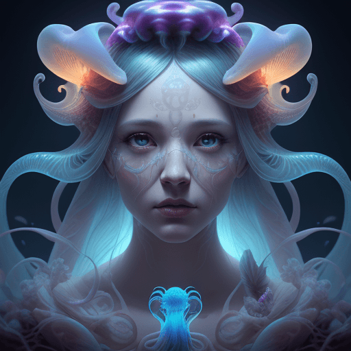 AI generated: Goddess close-up portrait ribcagel. jellyfish phoenix head, nautilus, orchid, skull, betta fish, bio...