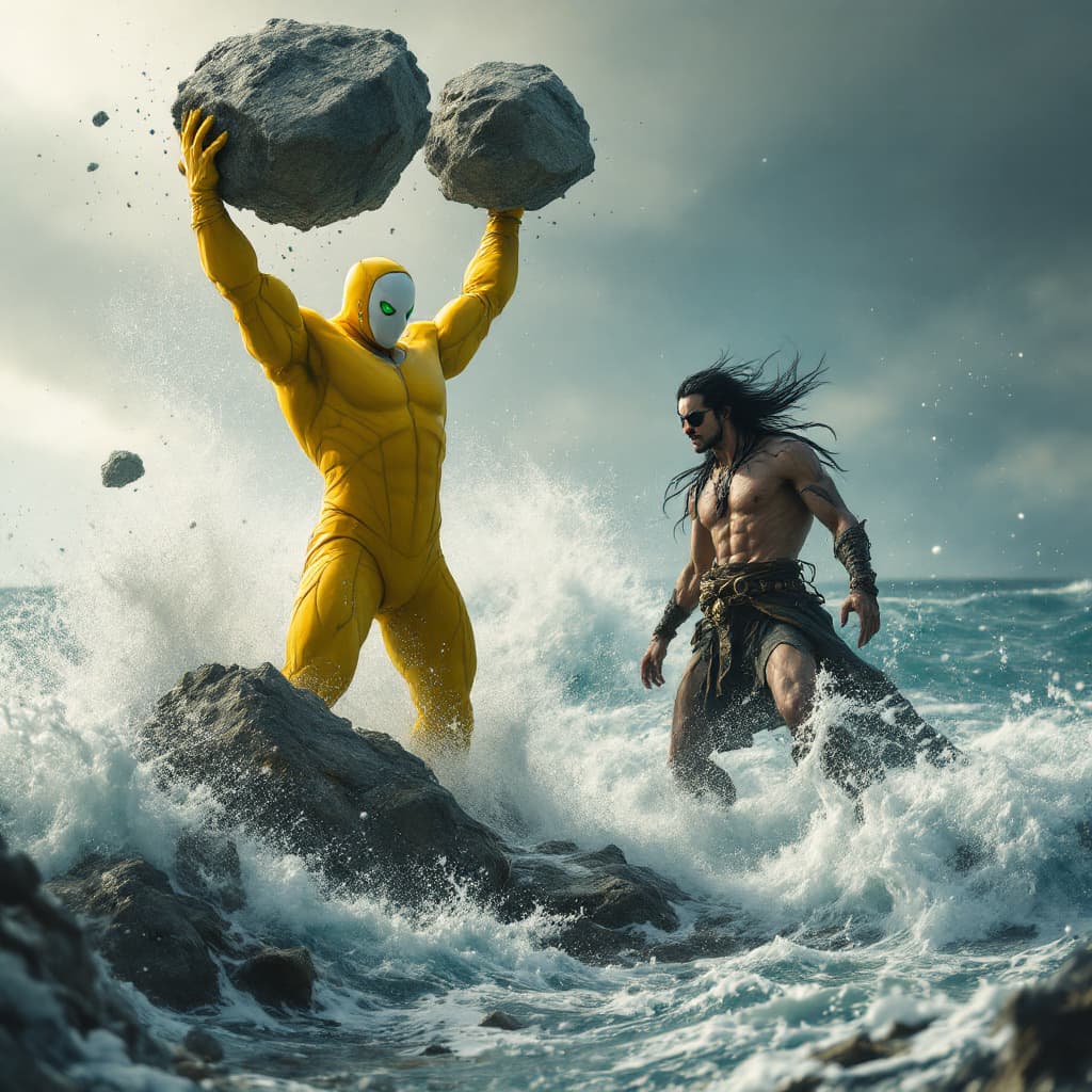 AI generated: The scene is set in the midst of a turbulent ocean, where waves crash violently against the shore. O...