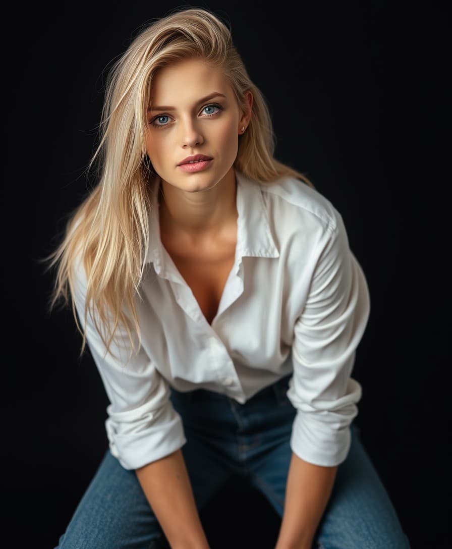 AI generated: fashion model shoot, of a blonde woman with green eyes wearing a white shirt, blue jeans on a black ...