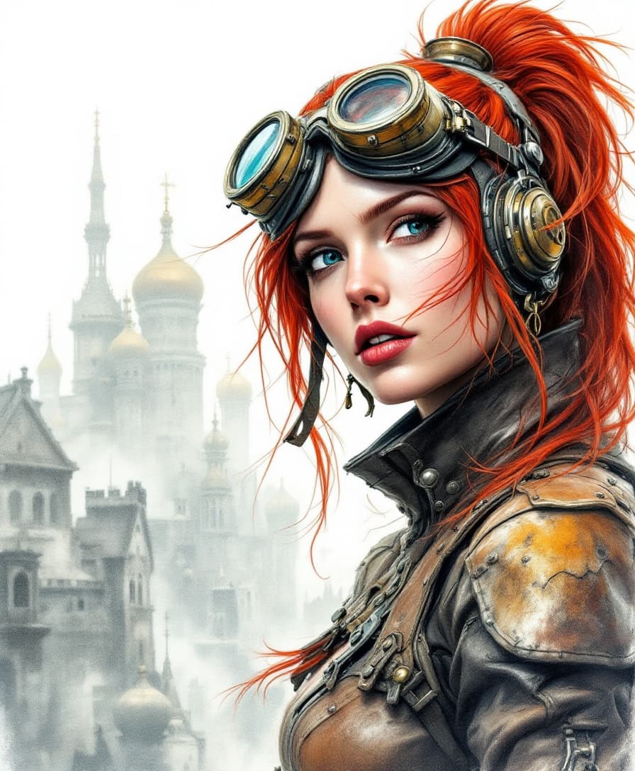 AI generated: A colored pencil sketch of a red-haired woman striking a dramatic pose and wearing a serious express...