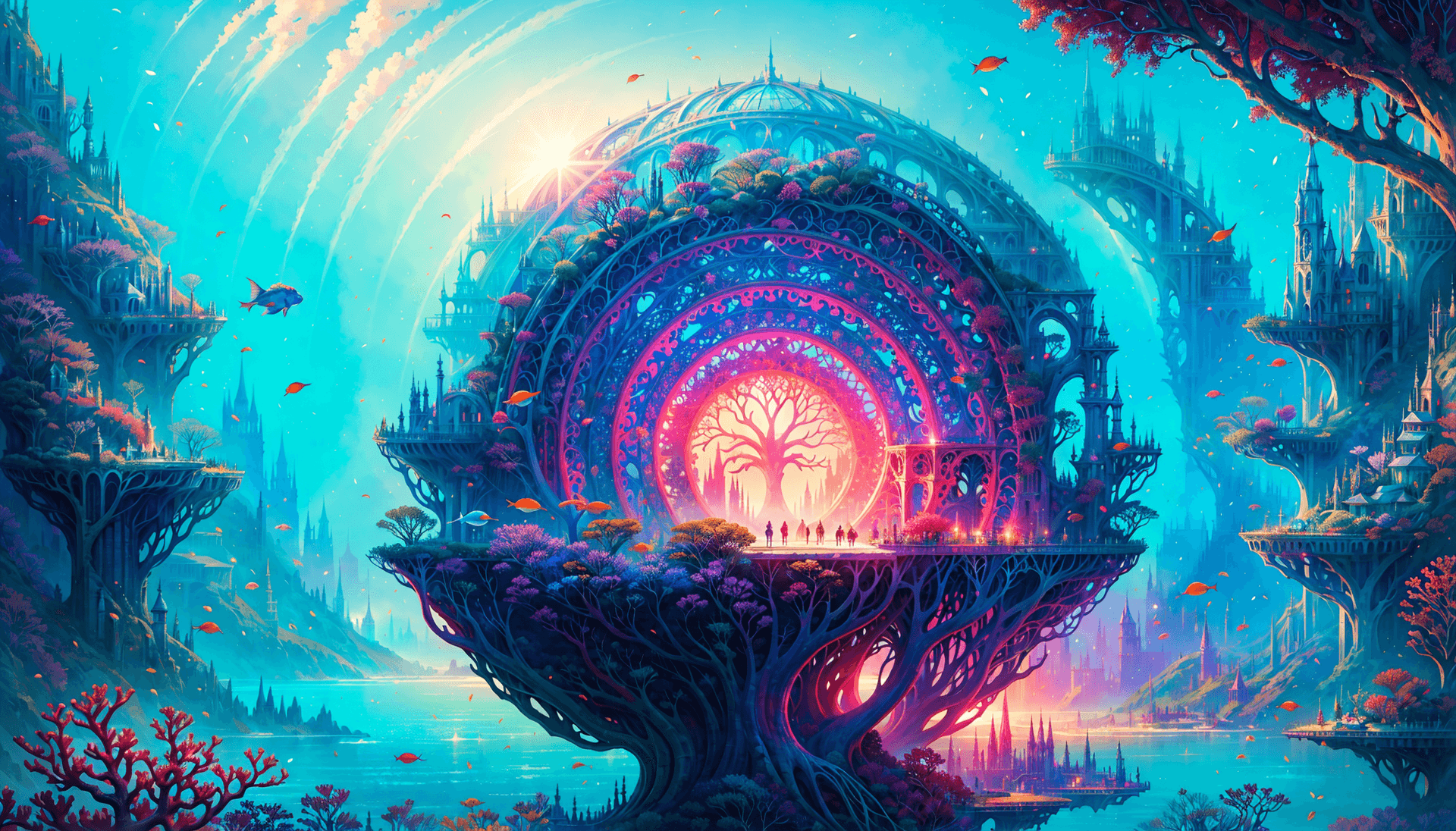 AI generated: ERA09ATLANTISV4, ERA09BRIGHTV1, city of Atlantis, fish and coral, glass domes, ringed city, underwat...