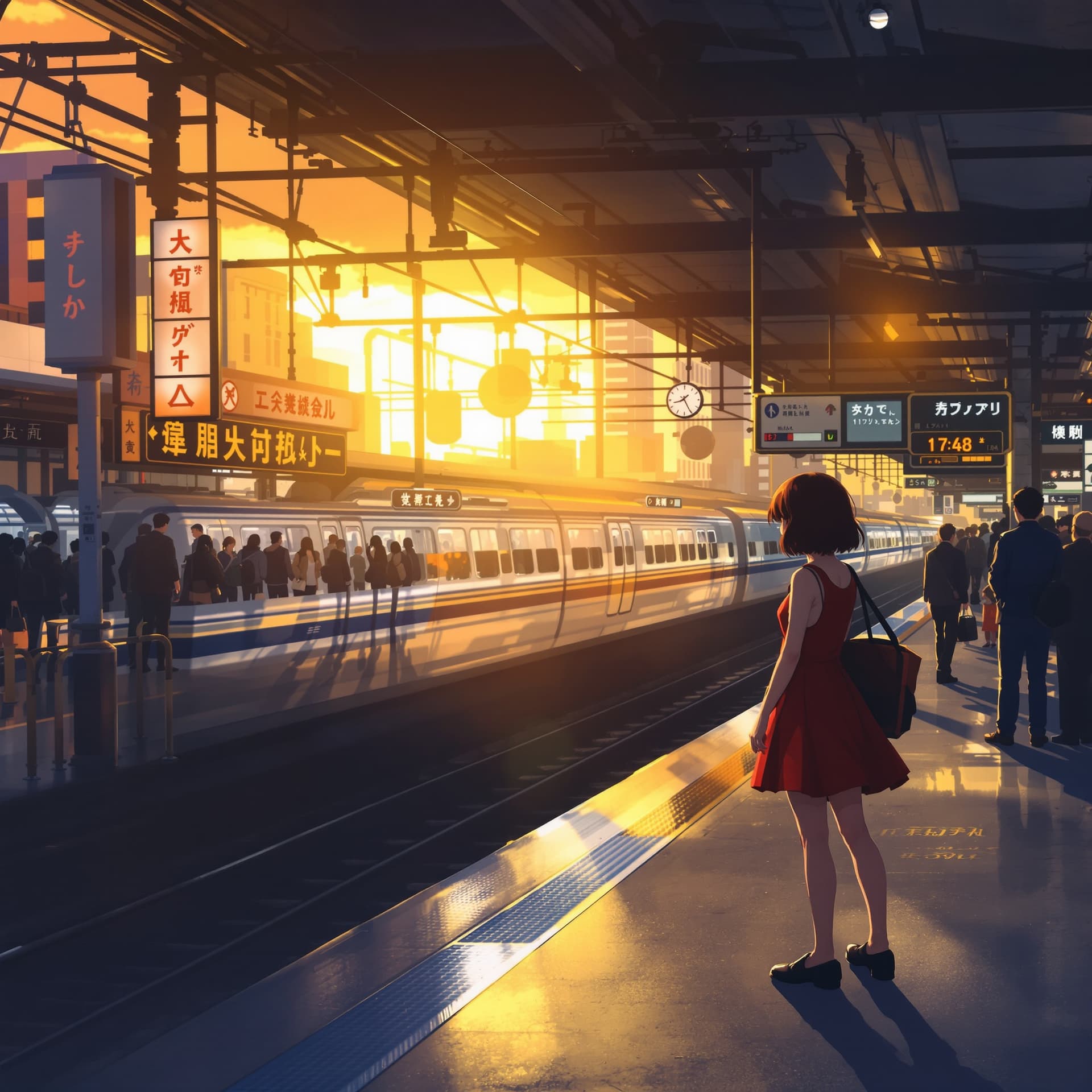 AI generated: anime style, girl in a short red dress, waiting for the train pensively at golden hour, japanese tra...
