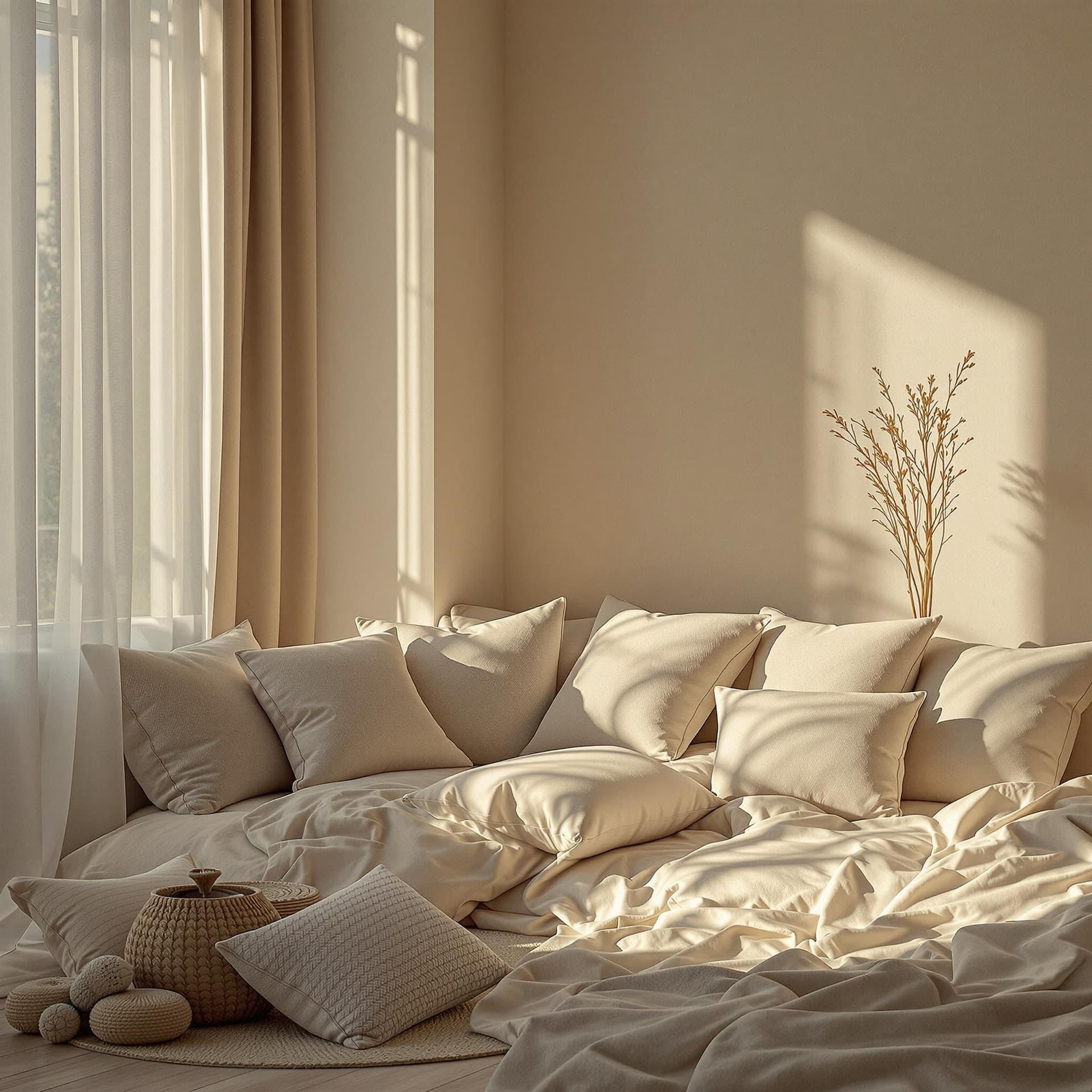 AI generated: A serene room with soft lighting and comfy cushions dslr, ultra quality, sharp focus, tack sharp, do...