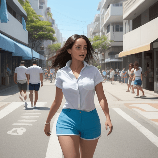 AI generated: The image features a woman walking down a street, wearing a white shirt and blue shorts. She is the ...