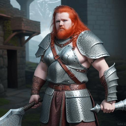 AI generated: a darf with a big battleaxe, fantasy, redhaired, fully dressed in chainmail 