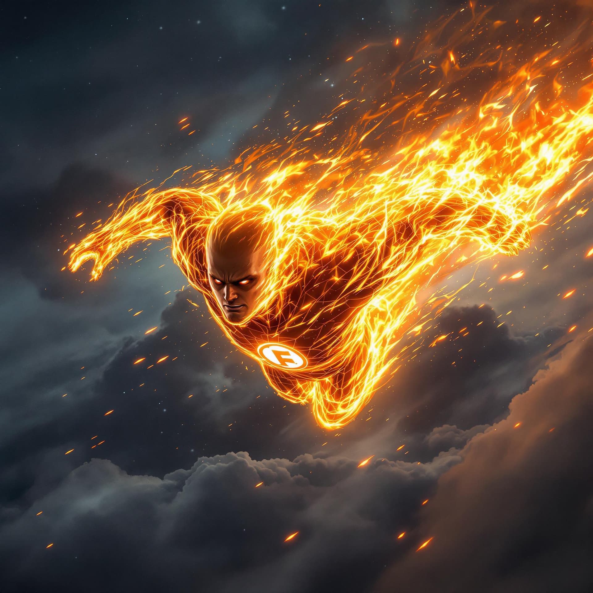 AI generated: "A hyper-realistic depiction of the Human Torch from the Fantastic Four speeding through the sky, en...
