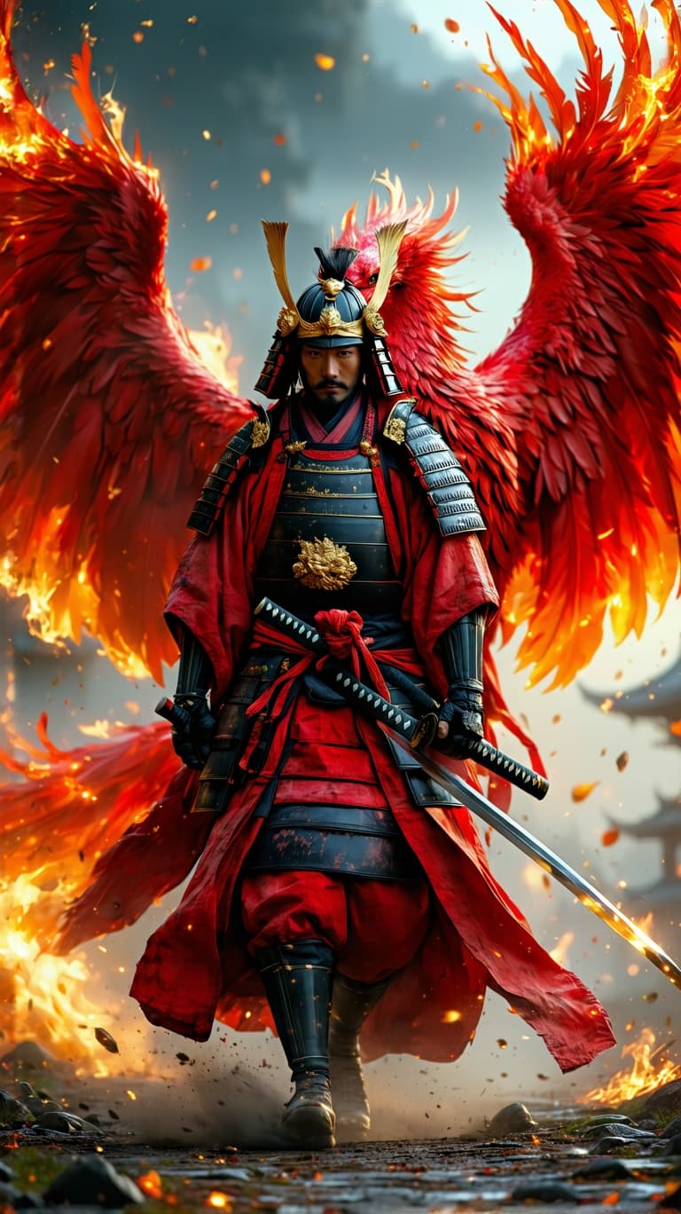 AI generated: An ultra-realistic, zoomed out, front facing, full-body portrait of a regal young Japanese samurai w...