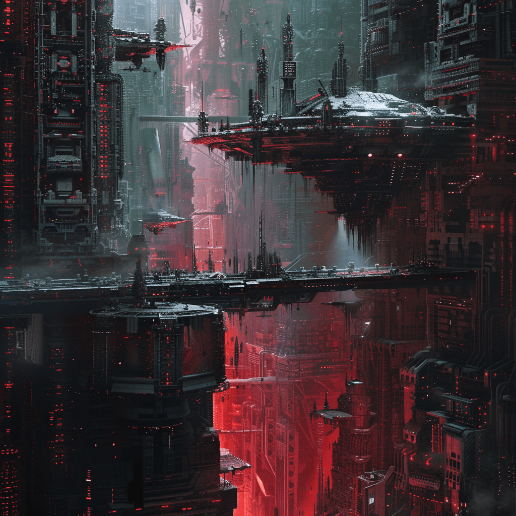 AI generated: A cyberpunk cityscape with metallic structures and a skull-like figure, blending the styles of H.R G...