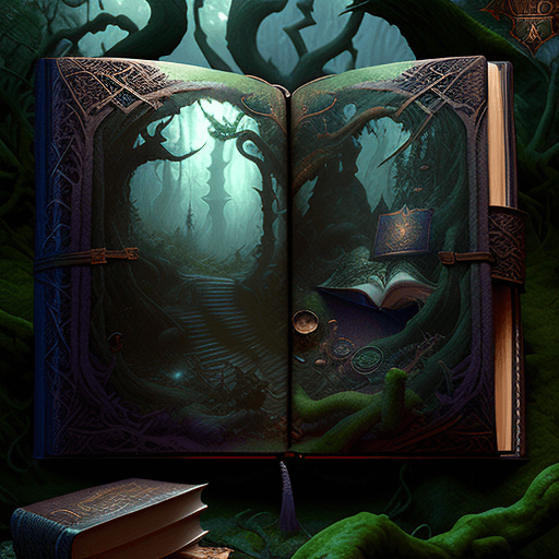 AI generated: mdjrny-v4 style, fantasy spell book sitting on a table in the dark forest, hypermaximalist, insanely...