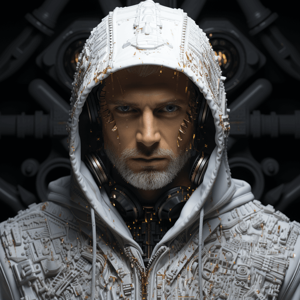 AI generated: the head of a white man with hoodie on, in the style of cyberpunk imagery, robotic motifs, shiny/glo...