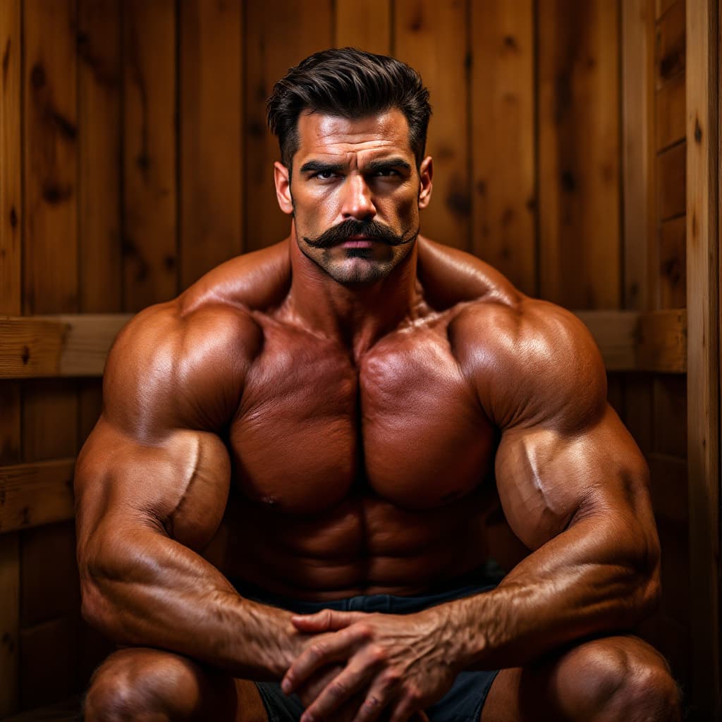AI generated: Handsome Muscular, 40-year-old, daddy bodybuilder with bikers mustache, dark brown hair, with broad ...