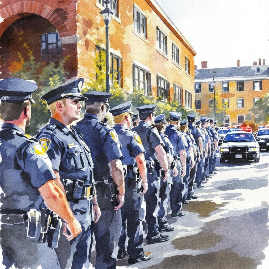 AI generated: Arttrttrt A serene watercolor captures a police academy with officers lined up in blocks and patrol ...